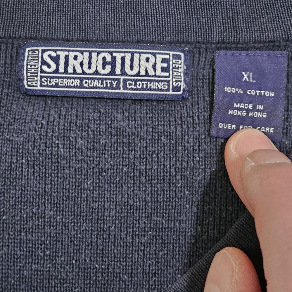 Structure Mens XL Navy V-Neck Sweater Red Gold Stripe Retro 90s Grunge Preppy - Picture 5 of 7